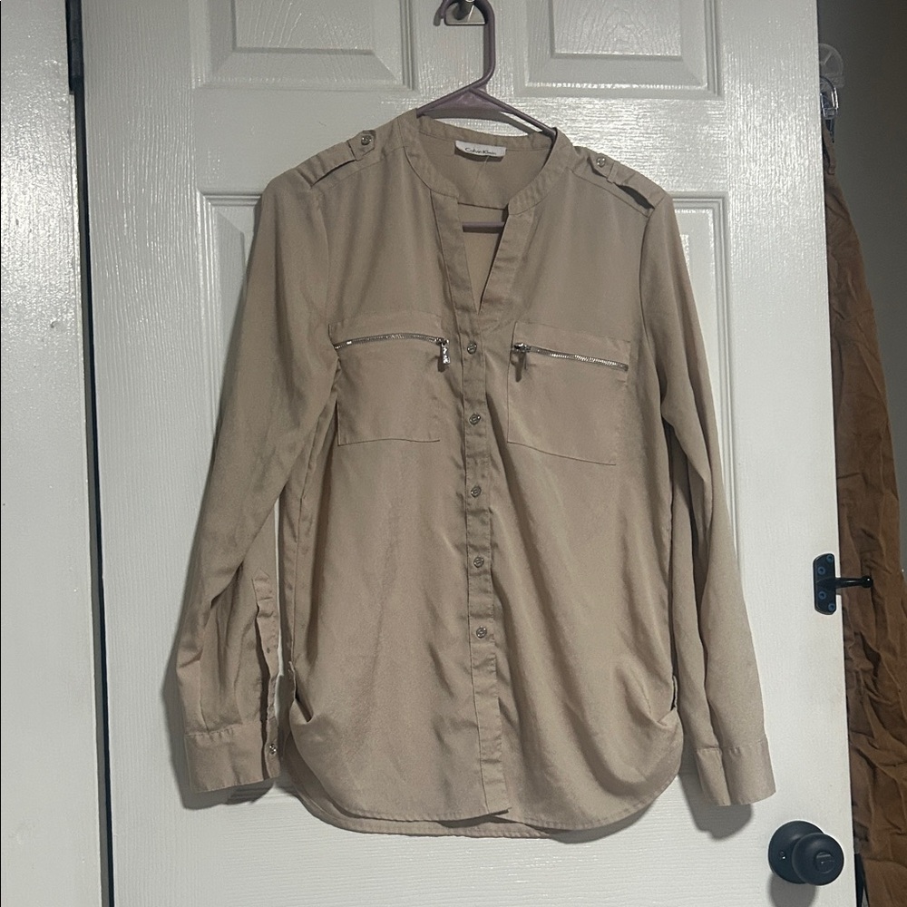 Calvin Klein Beige Blouse with Zipper Accents